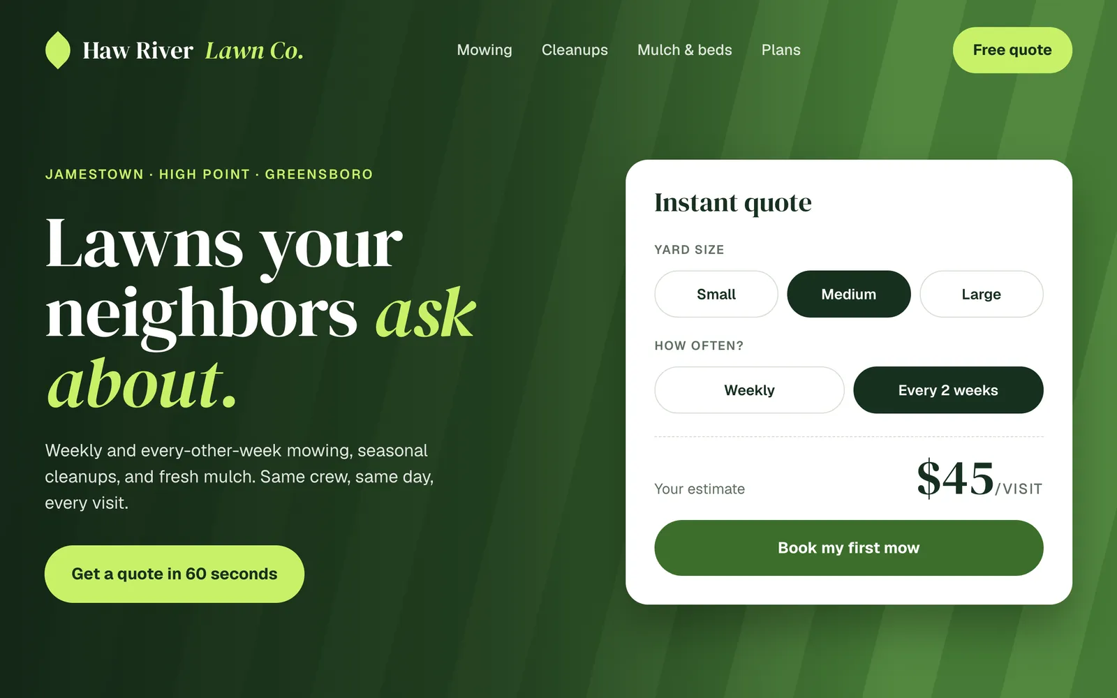 Haw River Lawn Co. concept homepage with an instant quote calculator