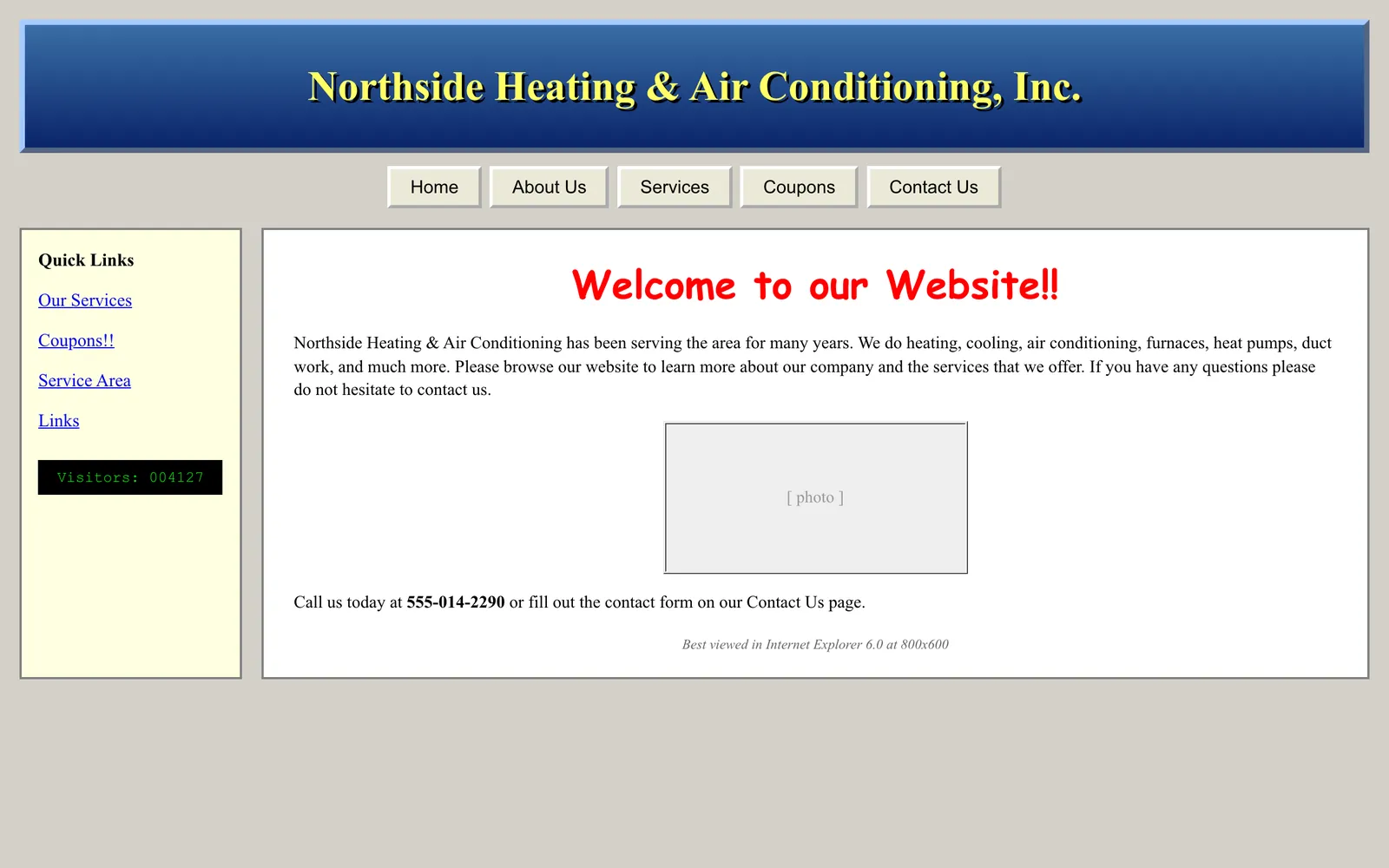 An outdated heating company website with tiny text and no call button
